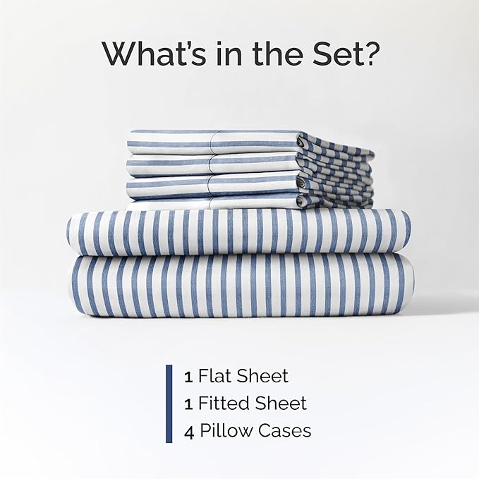 Queen 6 Piece Sheet Set - Comfy Breathable & Cooling - Soft Hotel Luxury Bedding Set with 8-16 Inch Deep Pockets - 1 Flat & 1 Fitted Sheet & 4 Pillowcases - Wrinkle Free & Easy Care - Blue Stripes 2