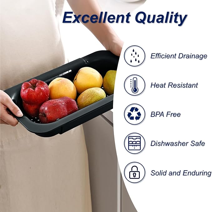 YUNKWONG Extendable Sink Colander Strainer Basket - Wash Vegetables and Fruits, Drain Cooked Pasta and Dry Dishes - Adjustable Over the Sink Colander Collapsible Drainer Basket - Black