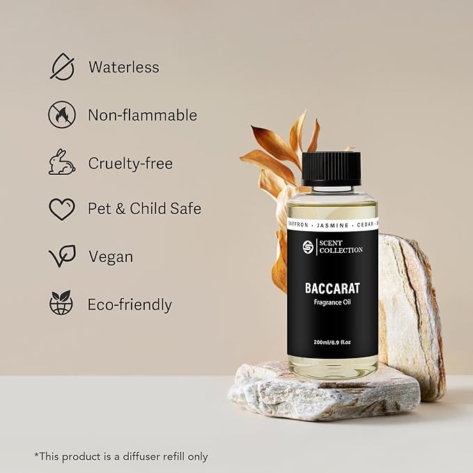Luxury Hotel Scent Baccarat Diffuser Oil Waterless Essential Aromatherapy for Cold Air & Car Diffusers – Long Lasting Refill for Large Room & Home - Non Toxic,Signature Saffron Cedar(200ml/6.76Fl oz)