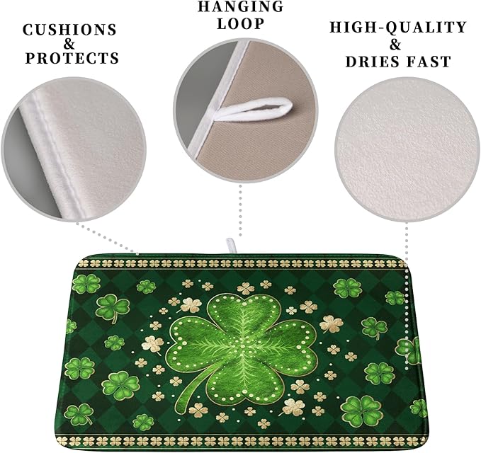 Kwlegh St Patricks Day Drying Mat for Kitchen Counter Shamrock Dish Drying Mats Lucky Clovers Green Plaid Dish Dryer Pad Absorbent Reversible Dish Drainer Rack Mat Kitchen Accessories 16x18 Inch