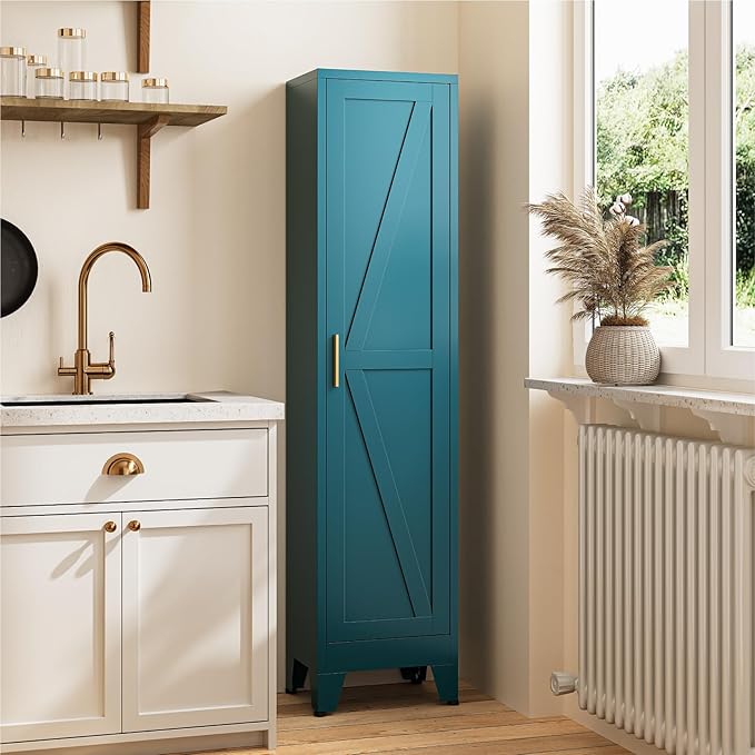 67" Tall Storage Cabinet with Reversible Doors and Adjustable Shelves,Metal Slim Freestanding Cabinets for Bathroom Kitchen Garage Small Spaces,Blue,5-Tier