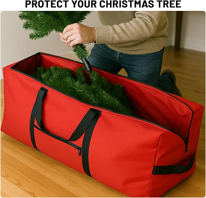 7.5 ft Christmas Tree Storage Bag, Heavy Duty Rolling Xmas Tree Bag with Reinforced Handles and Wheels, Large Storage Container for Trees and Decorations, Red