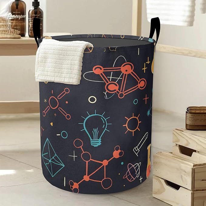 Atom Laundry Hamper，Science Large Canvas Fabric Lightweight Storage Basket/Dirty Clothes Collapsible Waterproof for College Dorms, Boys and Girls Bedroom,Bathroom