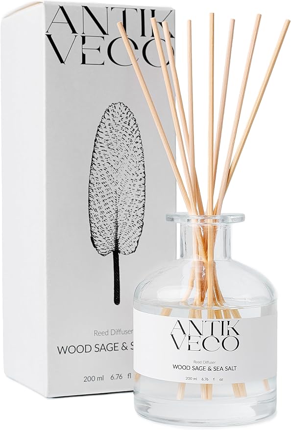 Wood Sage & Sea Salt Reed Diffuser Set – Oceanic Aromatherapy for Home – Glass Bottle 6.7fl oz + 8 Rattan Reeds – Calming Coastal Scent with Lavender & Sage – Long-Lasting (Up to 90Days)