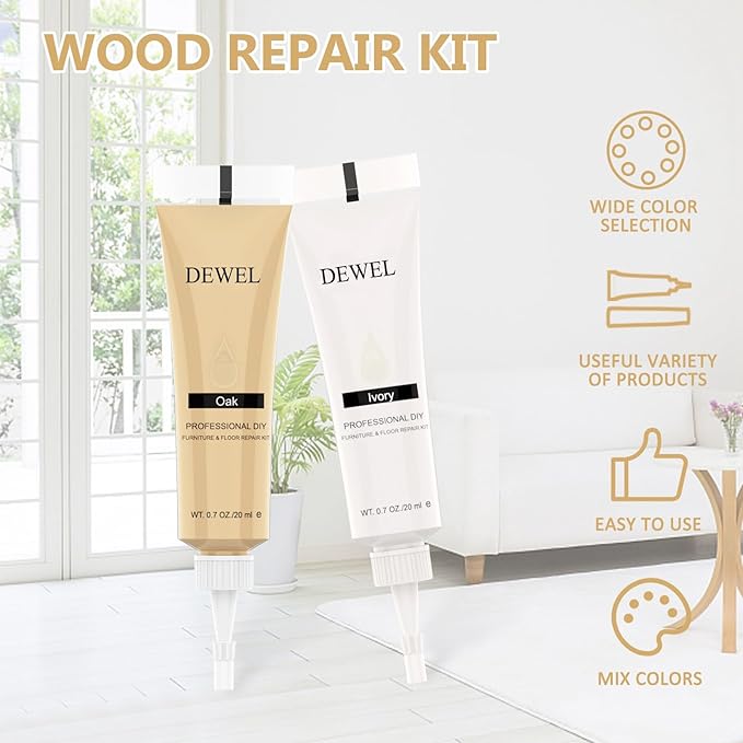 DEWEL Furniture Repair kit, 12 Colors Wood Filler for Scratch Cover, Floor Scratch Remover Stain Marker Set, Touch Up Paint for Wooden Floors Cabinet Tables, Fix Furniture Scratches Cracks Hole