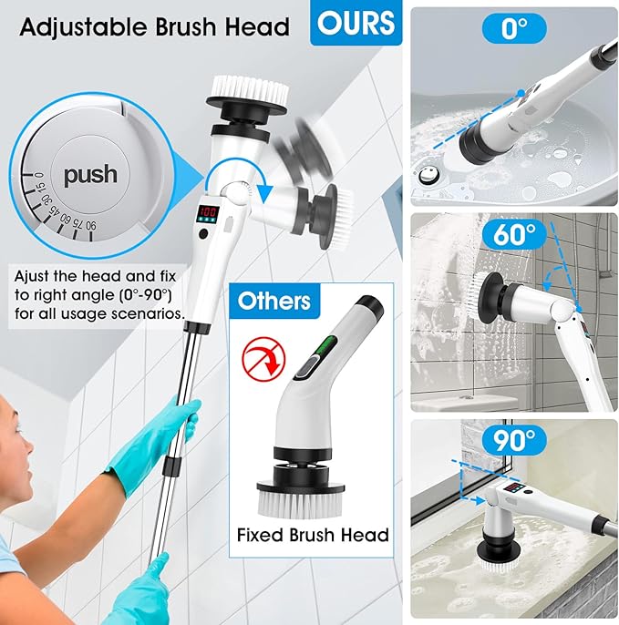 Hdyfix Electric Spin Scrubber, Shower Scrubber with Long Handle & 3 Speeds, 5200mAh Rechargeable Cordless Power Scrubber, Retractable & Adjustable Angle Spin Brush for Cleaning Bathroom/Tub/Floor/Tile