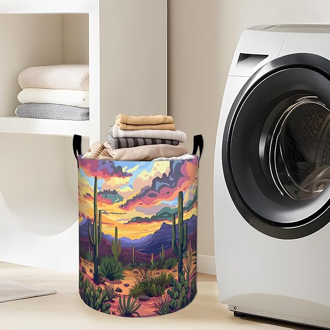 Cactus Laundry Basket with Handles, 19.7"x15.7" Clothes Foldable Colorful Sunset Desert Landscape Laundry Hamper Organizer for Dorm Nursery Bedroom Bathroom Decor, Toy Storage Bin for Kids