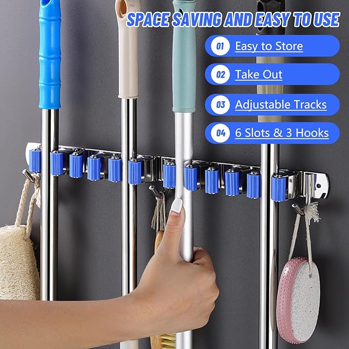 Broom Holder Mop Hanger Wall Mount Metal Organization Garage Storage System Laundry Room Closet Shed Garden Kitchen Tool Organizer (6 Racks with 3 Hooks, Blue)