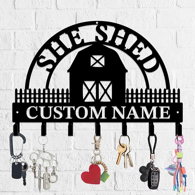 Personalized She Shed Metal Keys Hooks,Custom Name Keys Hooks,Black Wall Home Storage Decorative Hooks,Key Holder for Wall (Style C)
