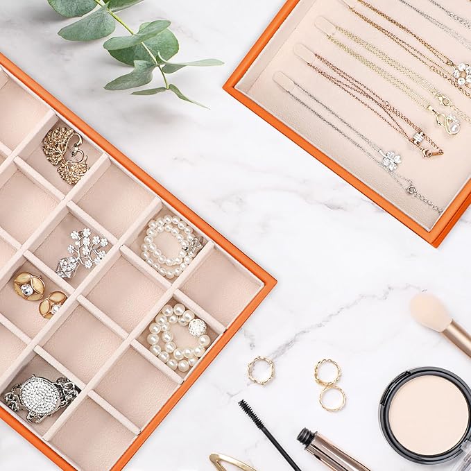 Voova Stackable Jewelry Organizer Tray with Lid, PU Leather Jewelry Storage Holder for Drawer Inserts, Jewellery Display Box Case for Earring Necklace Ring Watch Bracelet (Set of 4, Orange)