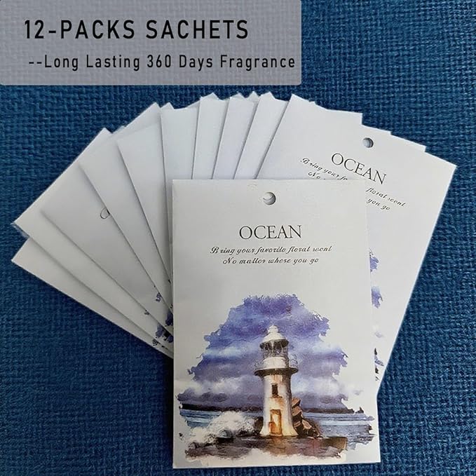DMDGYNL Ocean Scented Sachet Bags - 12 Pack Home & Car Freshener, Odor Eliminator for Closets, Rooms, Drawers, Wardrobes, Toilets, Long - Lasting 360 - Day Fragrance