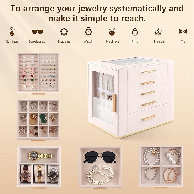 Homeanda Jewelry Box for Women with Glass Lid, 5 Drawers Jewelry Organizer and Storage for Necklaces, Rings, Earrings, Bracelets, Gift for Girls and Teens,PU Leather (Beige)