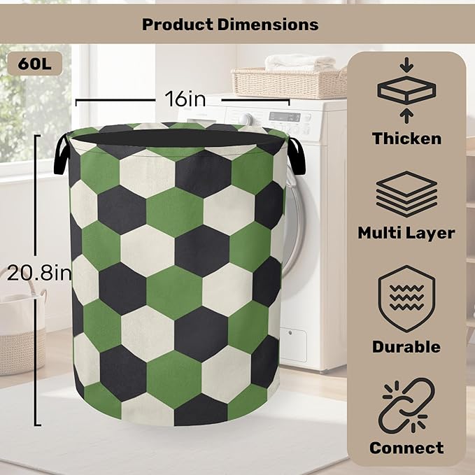 Soccer Large Clothes Hamper Bag - Laundry Basket with Handles, Space Saving Foldable Design for Nursery