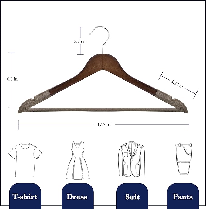 Samsarc Wooden Hangers - Non Slip Luxury Natural Lotus Wood & Velvet Suit & Pants Hangers - 360 Rotating Hooks - 20 Pack