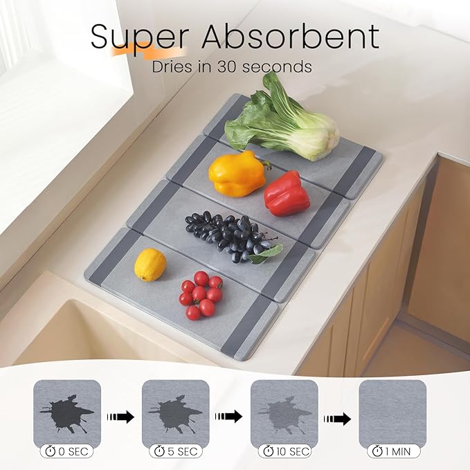 Foldable Stone Dish Drying Mat for Kitchen Counter, Double-Layer Absorbent Drying Pad, Fast Water-Absorbing & Quick Dry, Non-Slip Counter Mat for Dishes, Cups, Bottles, 24.5" x 16"