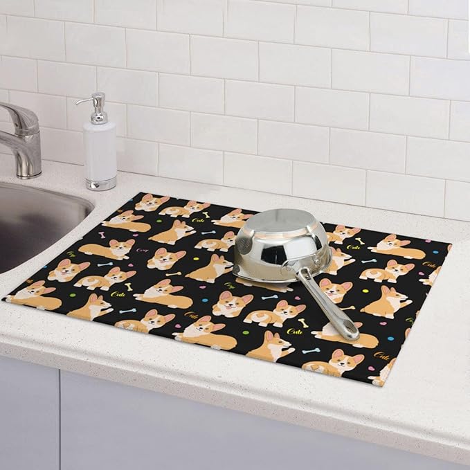 Cute Corgi Dish Drying Mat 18 x 24 Inch for Kitchen Counter Cute Kitchen Mat Microfiber Kitchen Countertop Absorbent Reversible Drainer Rack Pad Dog Dish Drying Mat