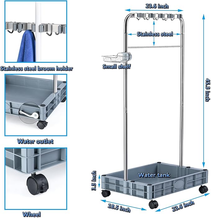 Broom Holder Organizer Movable Closet Storage Cabinet Mop Rack Floor Standing Cleaning Tool Cart For Garden Garage Schools Hotels Hospitals Factories Property Companies Restaurant (with Tank)