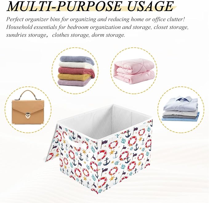 Bolaz Storage Bins with Lids and Handles,Flag Coral Starfish Anchor Life Buoy Pattern Storage Box Basket with Cover Collapsible Organizer Containers for Home Closet, Shelves
