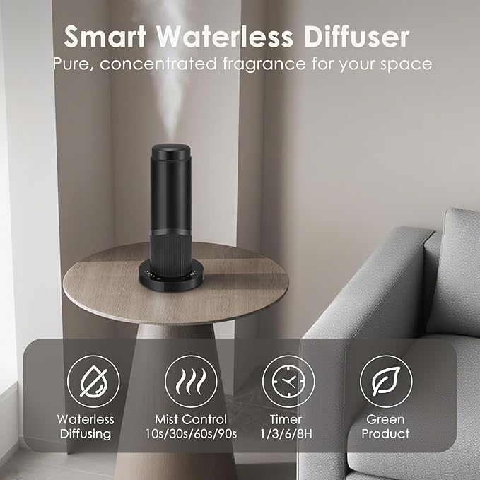Waterless Scent Essential Oil Diffuser for Hotel,Whole House,Large Room, Office，Home，200ML Large Capacity, Covering 1500 Square feet (Black) (Black-PP)