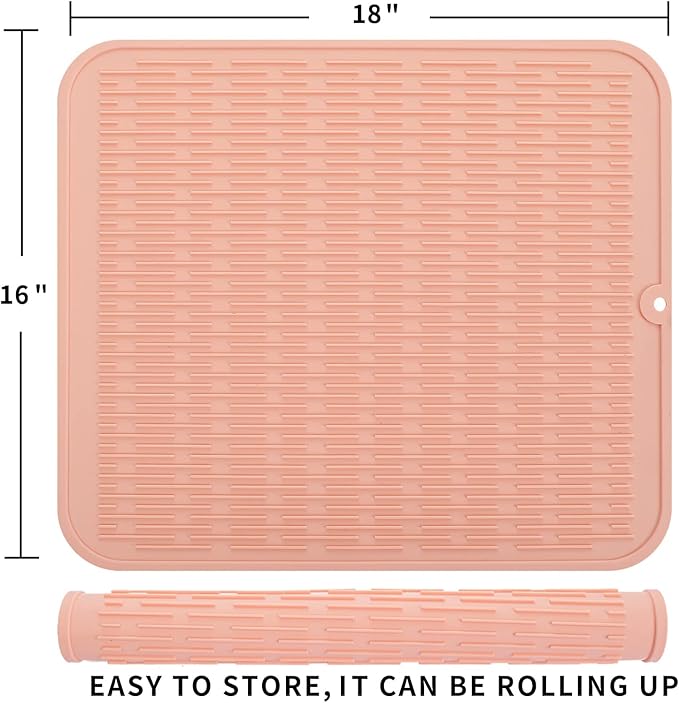 MicoYang Silicone Dish Drying Mat for Multiple Usage,Easy clean,Eco-friendly,Heat-resistant Silicone Mat for Kitchen Counter or Sink,Refrigerator or Drawer Liner Pink XL 18 inches x 16 inches