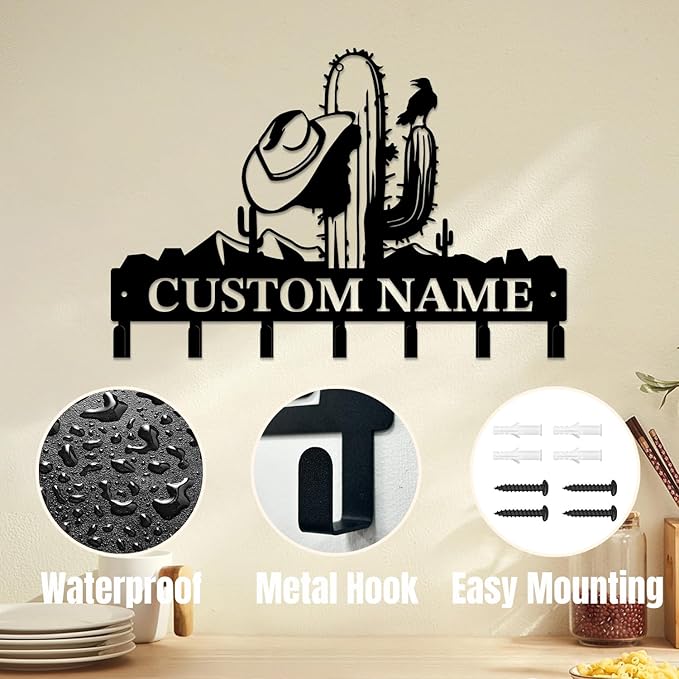 Personalized Custom Name Cactus Wall Keys Hooks,Metal Cactus Art Clothes Hooks,Metal Cactus Lover Wall Home Storage Decorative,For Front Door, Hallway, Kitchen, Bedroom,Keys,Hats (Style F)