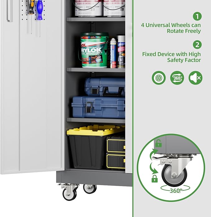 71" Metal Storage Cabinet with Wheels and Pegboard, Lockable Rolling Steel Storage Cabinet with 5 Adjustable Shelves and Door for Garage, Office, Kitchen, Assembly Required（Grey and White）