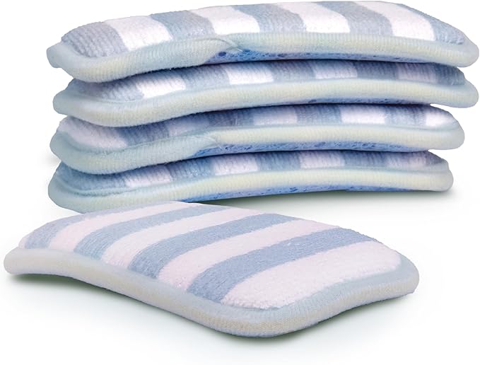 Simplified 5-Pack Scrub & Wipe 2-in-1 Dishwashing Sponges - Non-Abrasive Cleaning Sponges, Double-Sided - Safe for Dishes, Non-Stick Pans or Glassware, Absorbent Dish Sponges, Blue Stripe
