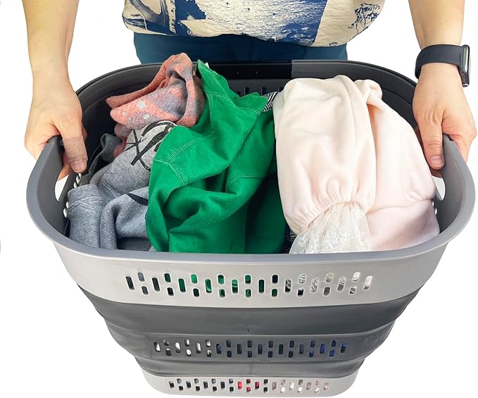SAMMART 38L (10 Gallon) Collapsible Plastic Laundry Basket - Foldable Pop-Up Storage Container/Organizer – Portable Space Saving Laundry Hamper (1, Grey/Black)