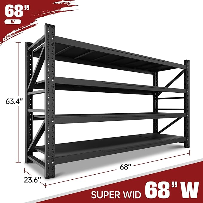 RAVIGIN 8000LBS Storage Shelves, 68" W Garage Shelving Heavy Duty Metal Adjustable Garage Shelves, Shelving Units Industrial Shelving for Warehouse, 68" W x 24" D x 63.4" H, Black