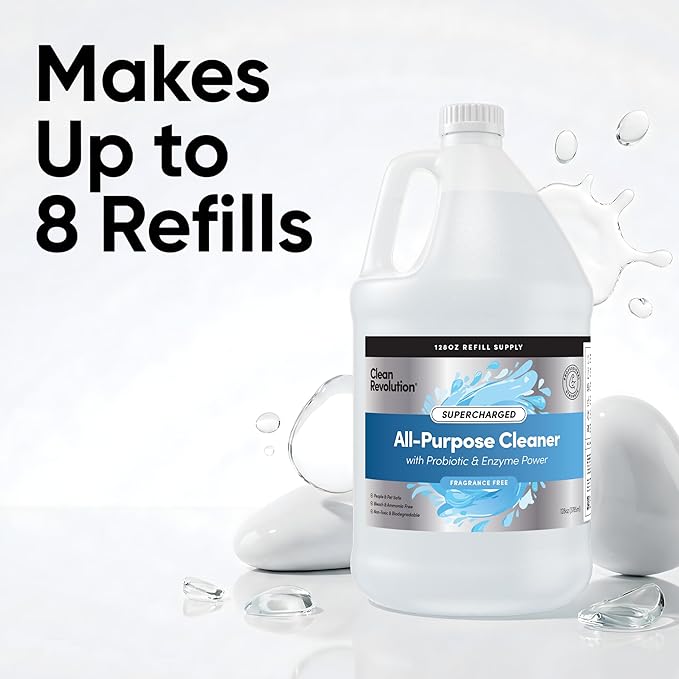 Clean Revolution SuperCharged All Purpose Cleaner Refill with Smart Probiotic + Enzyme Complex, Multi-Surface Kitchen Bathroom & Floor Cleaner, Fragrance Free, 128 Fl Oz (Pack of 1)
