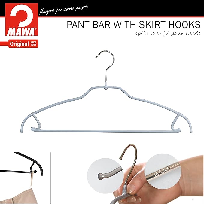 Mawa by Reston Lloyd Silhouette Ultra-Thin Series, Non-Slip Space Saving Shirt Hanger with Pant Bar & Skirt Hooks, Style 42/FTU, Pack of 2, Silver