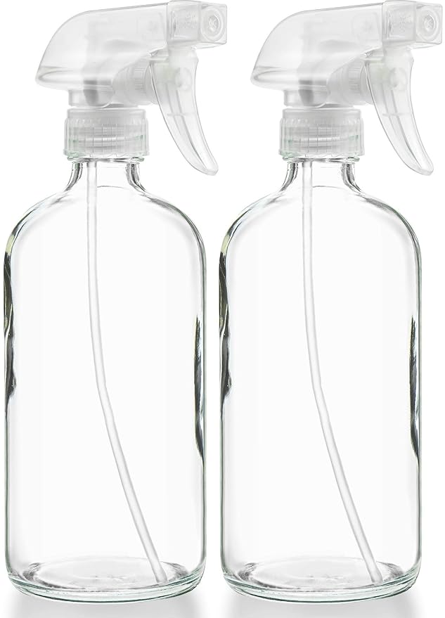Sally's Organics® Empty Clear Glass Spray Bottles - Refillable 16 oz Containers for Essential Oils, Cleaning Products, Aromatherapy, Misting Plants, or Cooking - Sprayer with Mist and Stream - 2 Pack