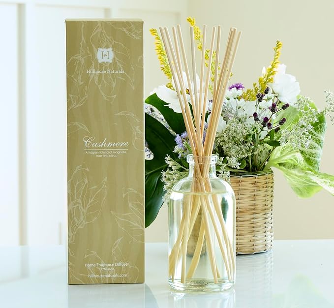 Hillhouse Naturals Reed Diffuser Set - Cashmere Scent Diffuser - Reed Diffusers for Home with Long Lasting Fragrance – 6 oz Oil – Diffuse Time 4-6 Months – Made in The USA
