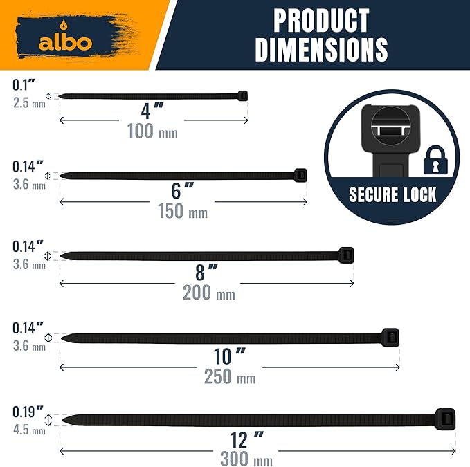 ALBO Black Zip Ties Assorted Sizes 800 Pack 4+6+8+10+12 Inch Plastic Black Cable Ties Wire Tie UV Resistant Nylon Tie Wraps Assorted Sizes