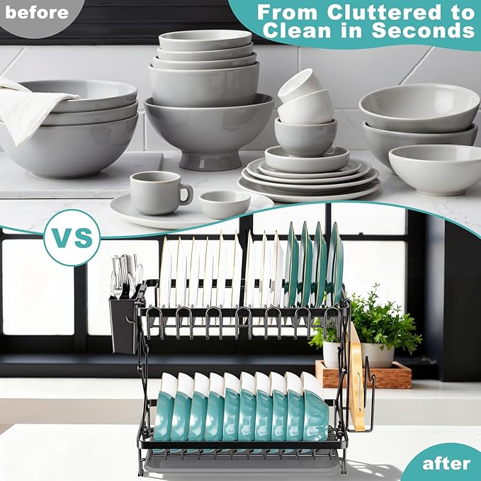 2-Tier Dish Racks for Kitchen Counter, Stainless Steel Kitchen Dish Drying Rack Large Dish Drainers for Kitchens Counter, Space Saving Dishes Strainer for Bowl, Plate, Cup - Modern Counter Organizer
