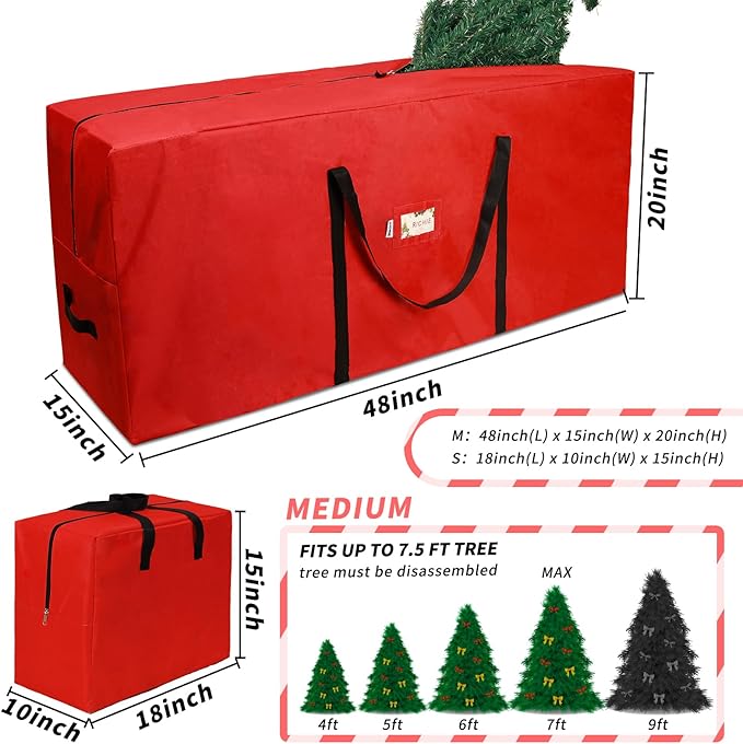 7.5 Ft Christmas Tree Storage Bag (3pc Set) - 900D Oxford Fabric, Tear & Water Resistant - Fits Artificial Tree up to 7 Ft - with Label Card Slot, Reinforced Handles & Zipper -Red