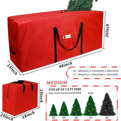 7.5 Ft Christmas Tree Storage Bag (3pc Set) - 900D Oxford Fabric, Tear & Water Resistant - Fits Artificial Tree up to 7 Ft - with Label Card Slot, Reinforced Handles & Zipper -Red