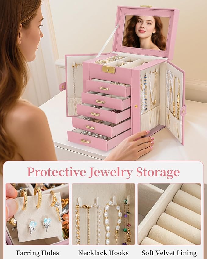 TORIBIO Large Jewelry Box for Women, Leather Jewelry Organizer with Mirror & Lock, 6-Tier Jewelry Storage Case for Girls/Women/Mothers, Necklace Earring Bracelets Holder Organizer