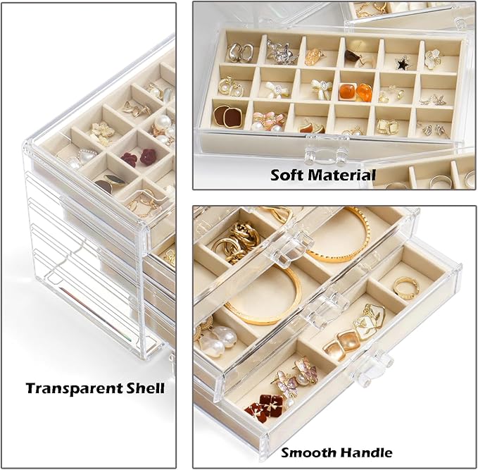 Jewelry Organizer with 5 Drawers Clear Acrylic Earring Display Case Velvet Jewelry Storage Box Display Holder for Earring Ring Bracelet Necklace (Beige, 60 Grids)