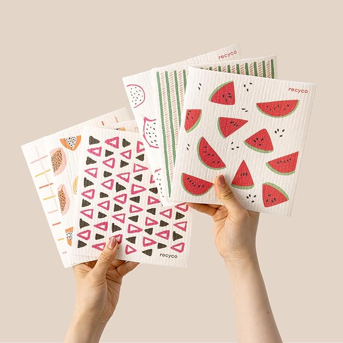 RECYCO Swedish Dishcloths for Kitchen | 6 Pack Tropical Fruit Washable Dish Rags | Cellulose Reusable Cleaning Paper Towels | Absorbent Counter Dish Cloth Sponge Kitchen Wipes, 8" L x 7" W