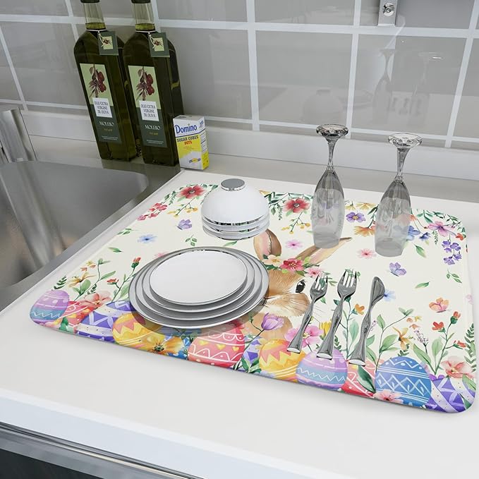 Giwawa Easter Rabbit Dish Drying Mat Spring Flower Dish Drainer Rack Mats 18x24 inch Absorbent Microfiber Fast Dry Pad Kitchen Counter Accessories