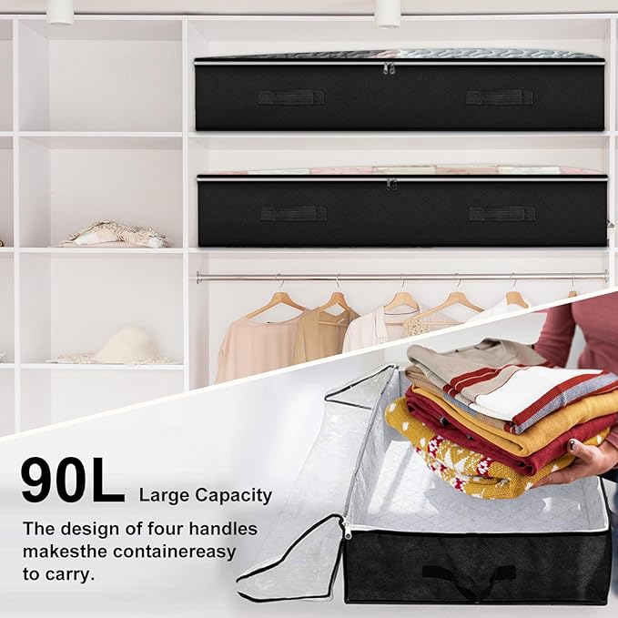 4 Pack Under bed Storage Containers, 90L Large Capacity Bedroom Closet Organizers and Storage Bins Foldable Underbed Storage Bags for Clothes, Blanket, Towels, Comforter, Sweaters, Linen Sheet - Black