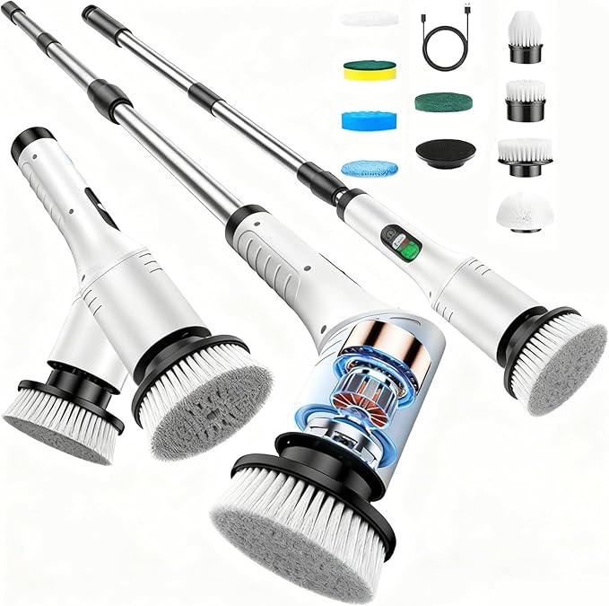 CVRUAY Electric Spin Scrubber, Cordless Shower Cleaning Scrubber with 9 Brush Heads, 2 Speed with Adjustable Extension Handle, Waterproof Bathroom Scrubber with LCD Display for Bathtub Kitchen Wall