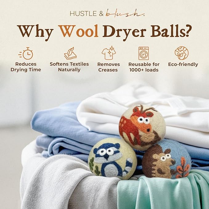 Hustle & Blush Fluff Ewes Wool Dryer Balls 3 Pack - Extra Large Hedgehog and Homies Premium Hand Needled New Zealand Laundry Set, Reduces Drying Time, Static Control, Chemical Free Reusable