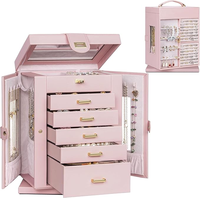 AKOZLIN 360° Rotating Jewelry Box 6-Tier Organizer Functional Jewelry Storage Case for Women Girls Ring Necklace Earring Bracelet Holder with Mirror Pink