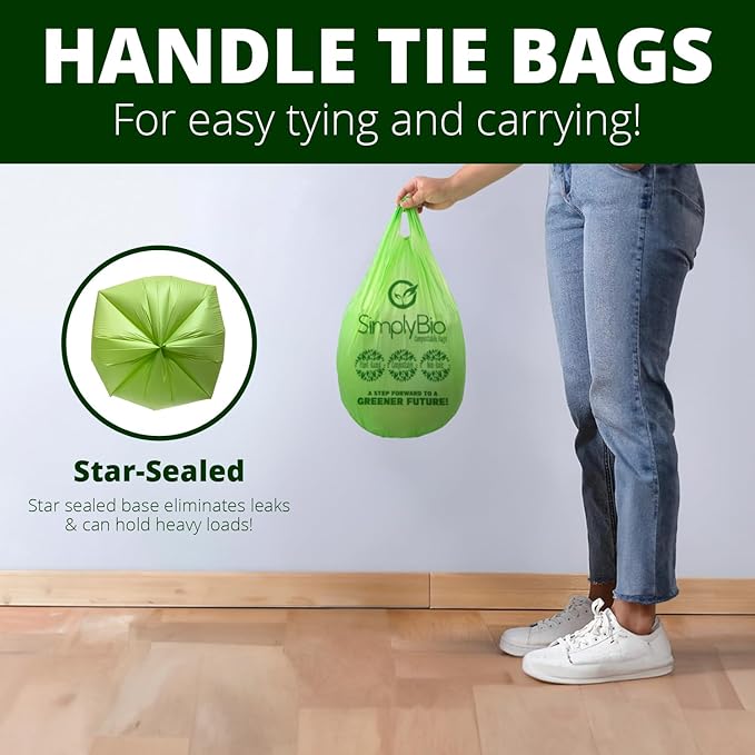 Simply Bio 1.6 Gallon Compostable Trash Bags Liners Handle, Heavy Duty Extra Thick 0.6 Mil, 6.06 Liter, 50 Bags, Small Kitchen Food Scrap Waste Bag, ASTM D6400, US BPI and OK Compost Home Certified