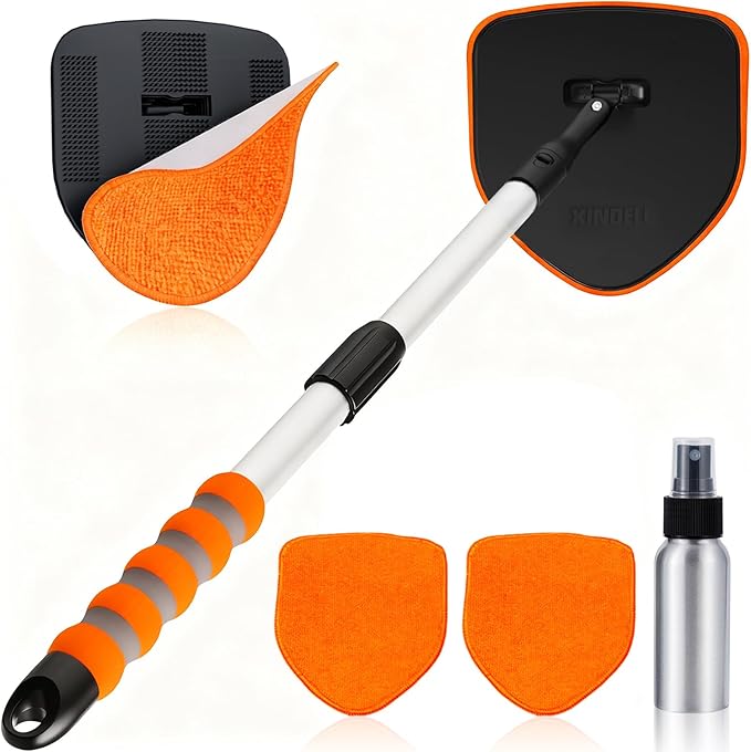 XINDELL Windshield Cleaner Tool, Car Interior Glass Cleaning Kit with 360° Rotating Head Extendable Handle, Reusable Microfiber Pads, Auto Detailing Windshield Cleaning Tool for Cars Trucks -Orange