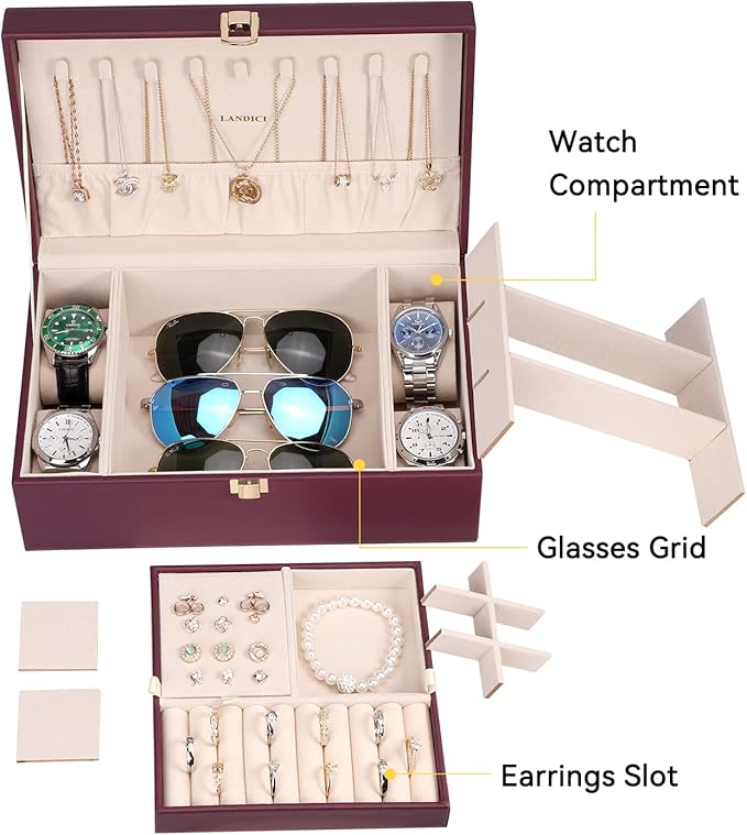 LANDICI Jewelry Box Organizer for Women, 2 Layer 4 Slot Watch Storage Case with Removable Tray, PU Leather Large Jewellery Holder Display for Watches Sunglasses Rings Earrings Necklace, Purple
