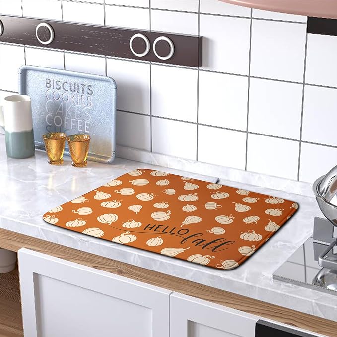 Kwlegh Hello Fall Drying Mat for Kitchen Counter Autumn Orange Pumpkin Dry Dish Mat Thanksgiving Absorbent Microfiber Dish Draining Washable Dish Drainer Rack Mat 16x18 Inch
