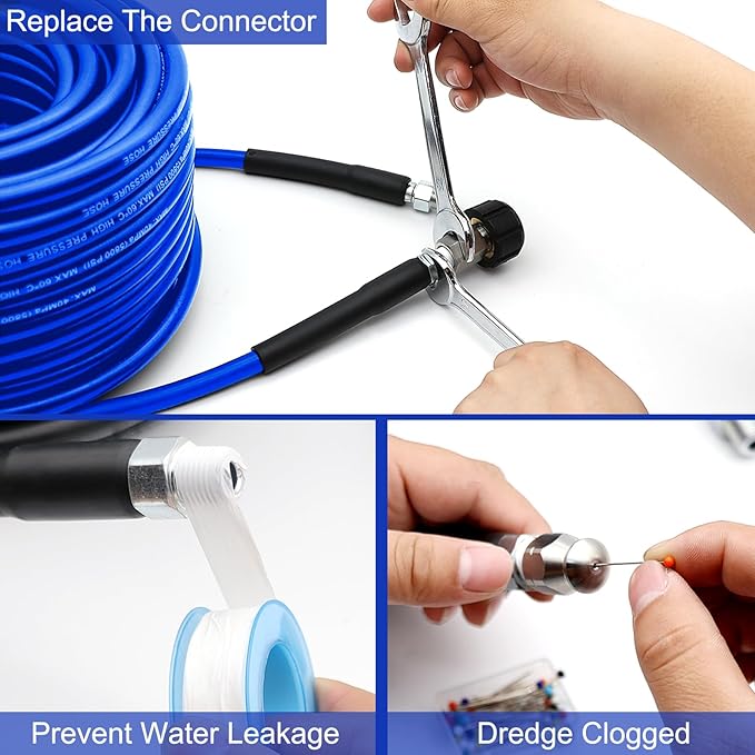 Sewer Jetter Kit 100 FT for Pressure Washer, 5800 PSI Drain Cleaner Hose 1/4 Inch NPT Corner Rotating and Button Nose Sewer Jetting Nozzle Spanner WatertightTape Pearl Corsage Pin(Blue)